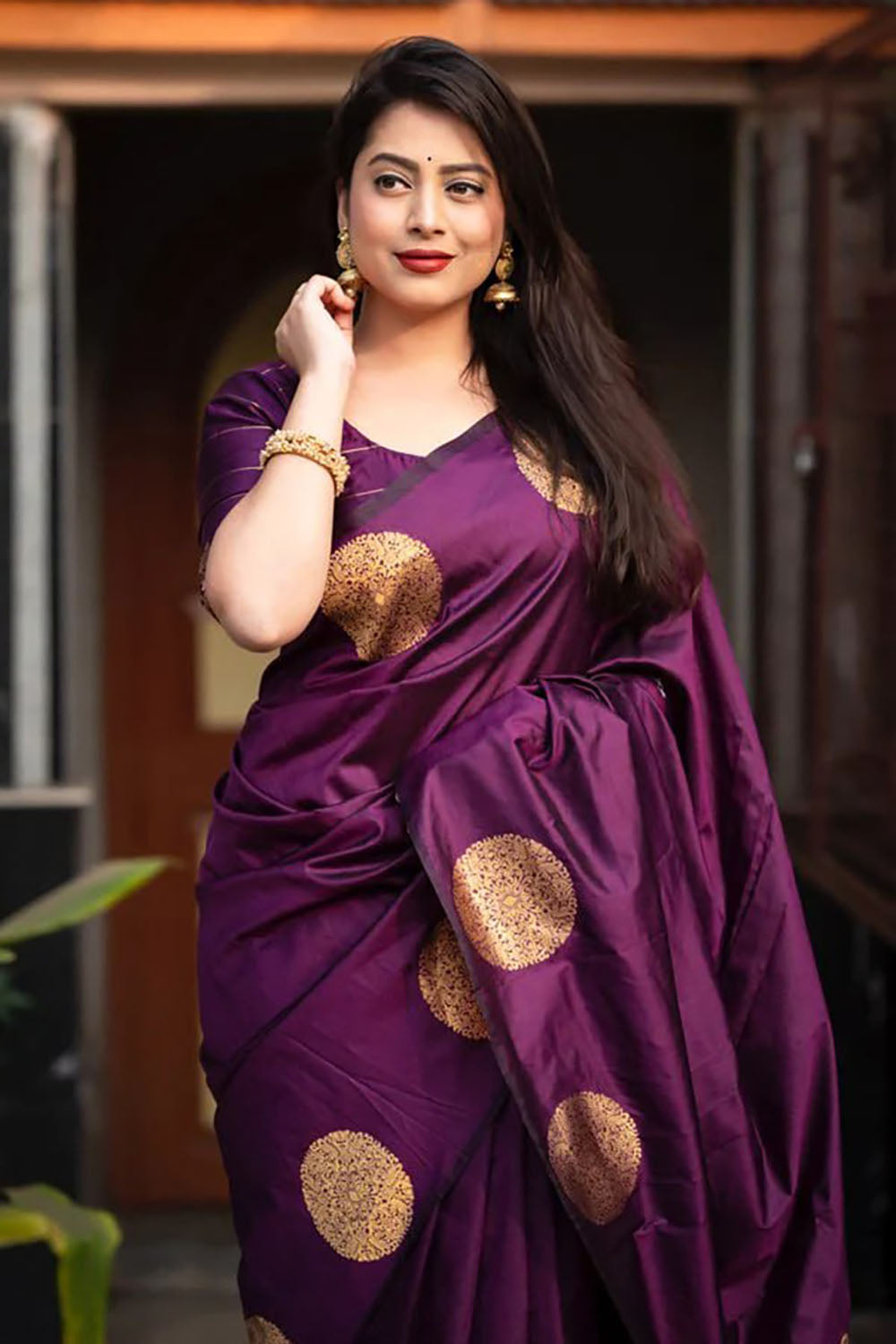 Wine Silk Saree With Zari Weaving Work