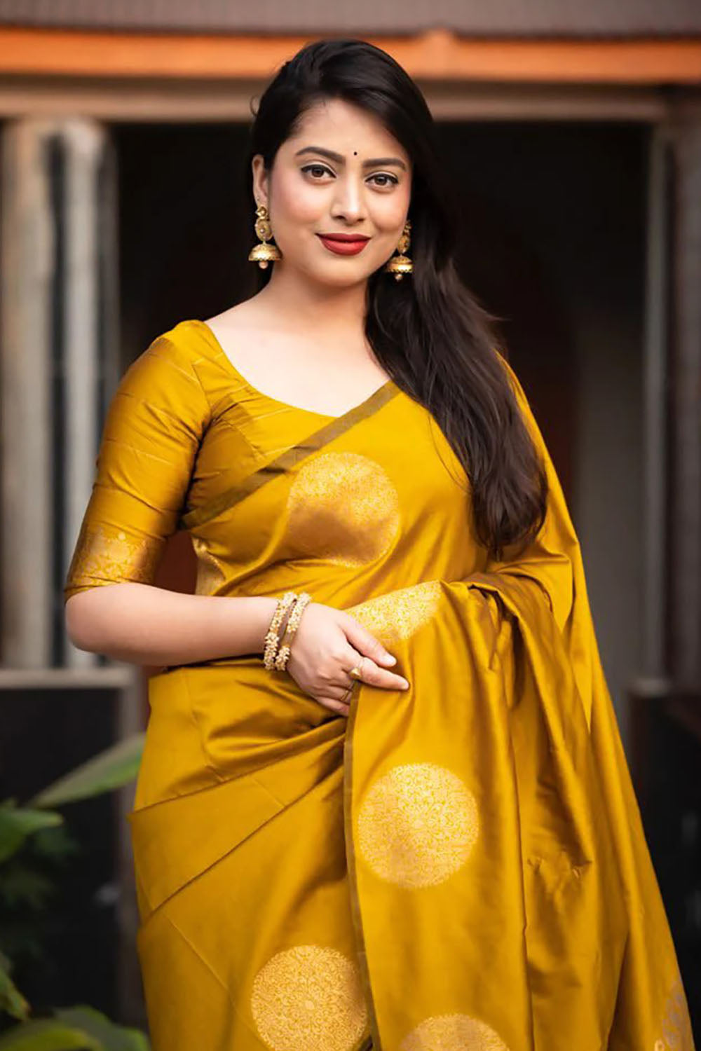 Bright Yellow Silk Saree With Zari Weaving Work