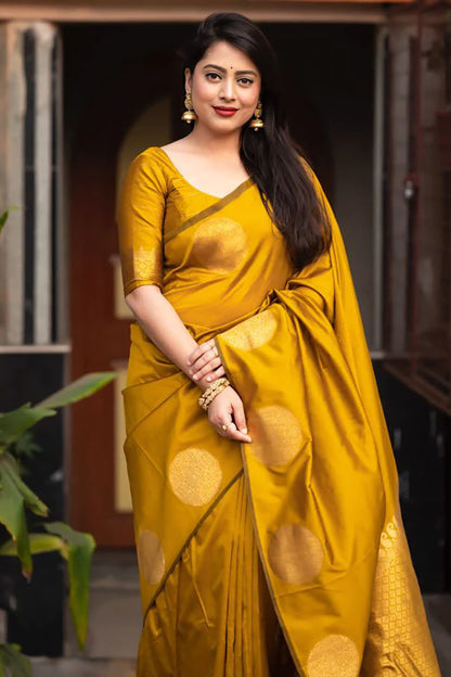 Bright Yellow Silk Saree With Zari Weaving Work