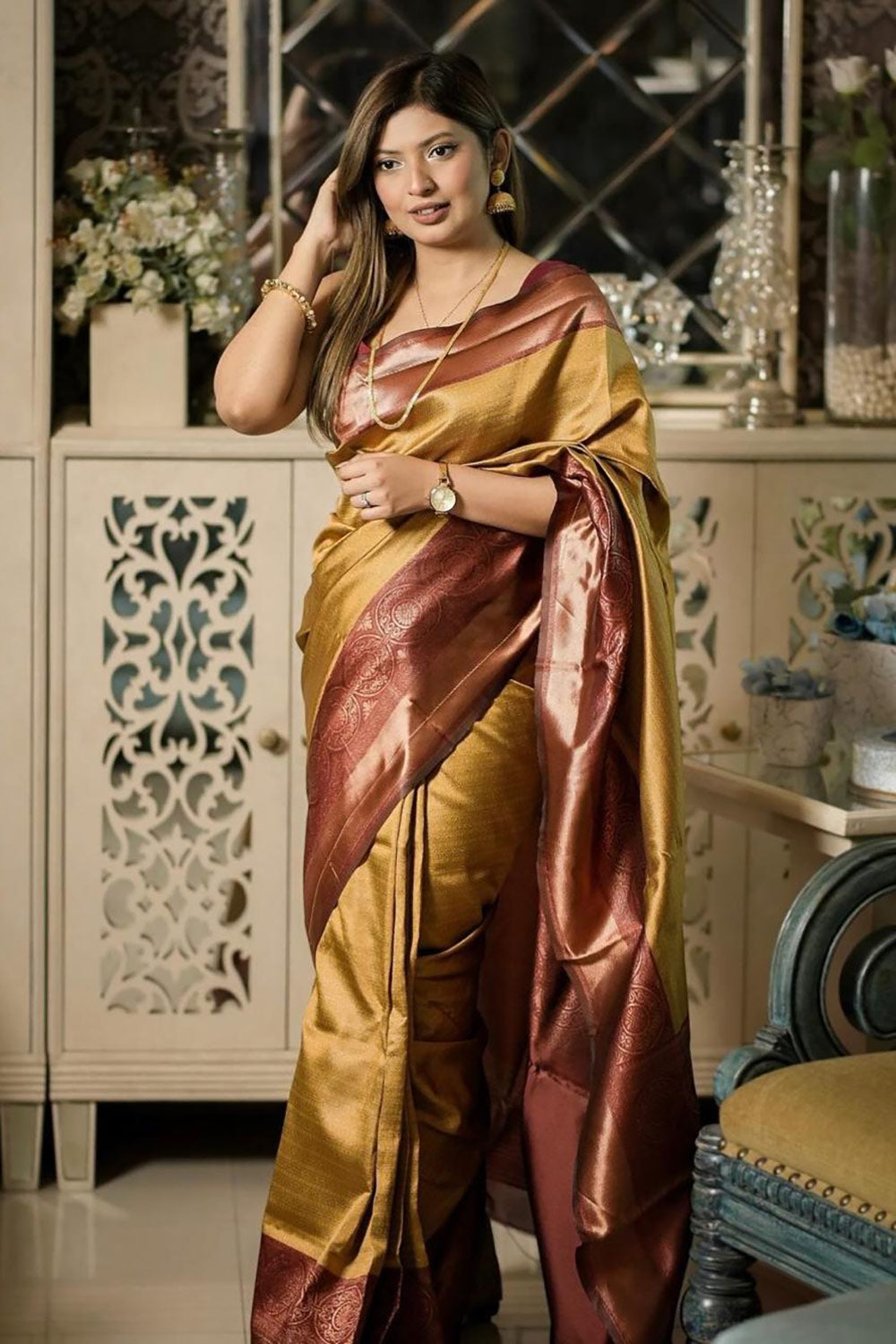 Mustered Kanjivaram Silk Zari Woven Saree With Blouse