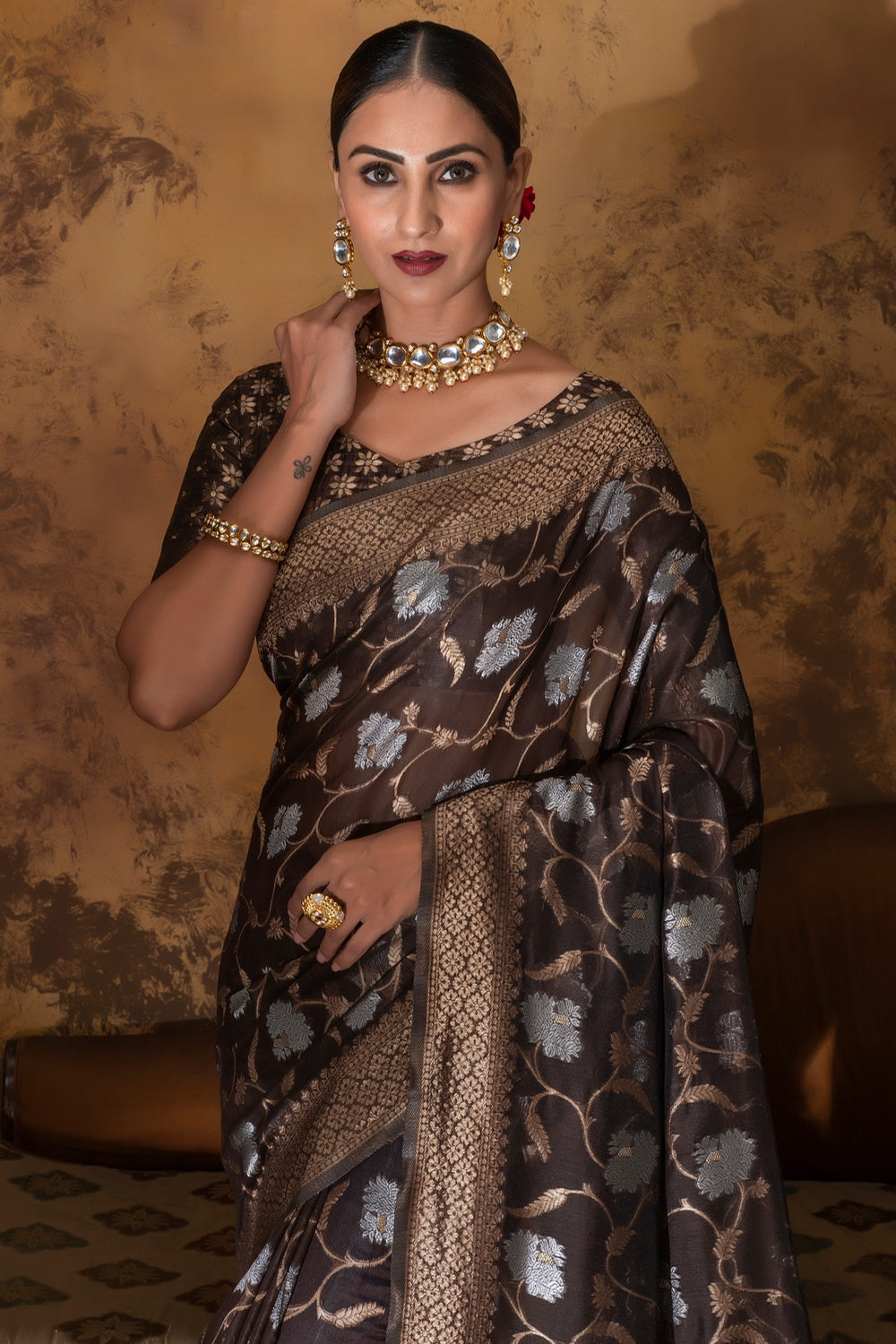 Imported Brown Sequins Saree