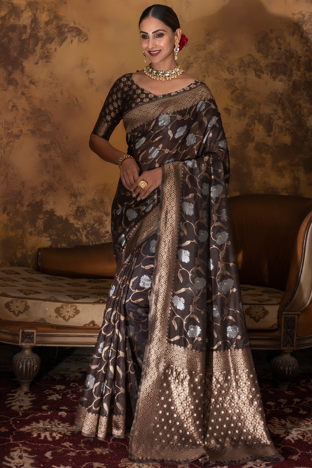 Enthralling Brown Printed Saree