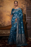 Blue Cotton Saree With Zari Weaving Work