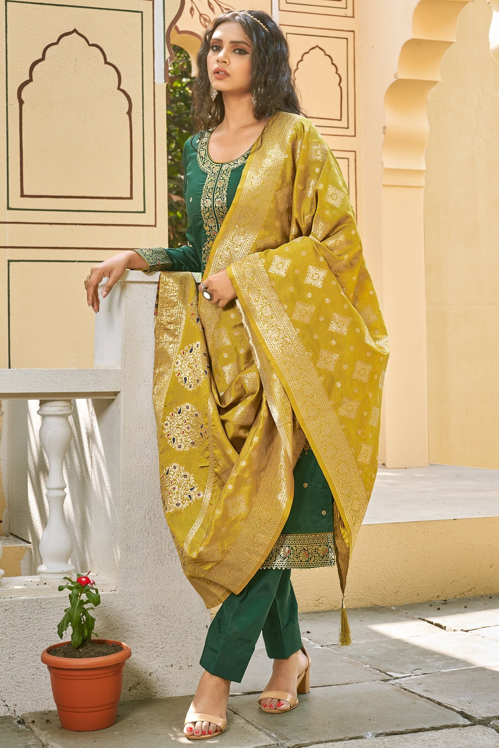 Dark Green Banarasi Silk With Zari Weaving Salwar Suit