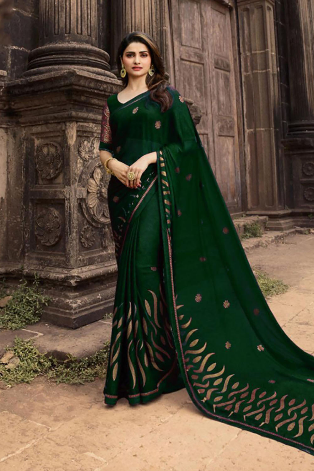 Designer Dark Green Silk Saree With Zari Weaving Work