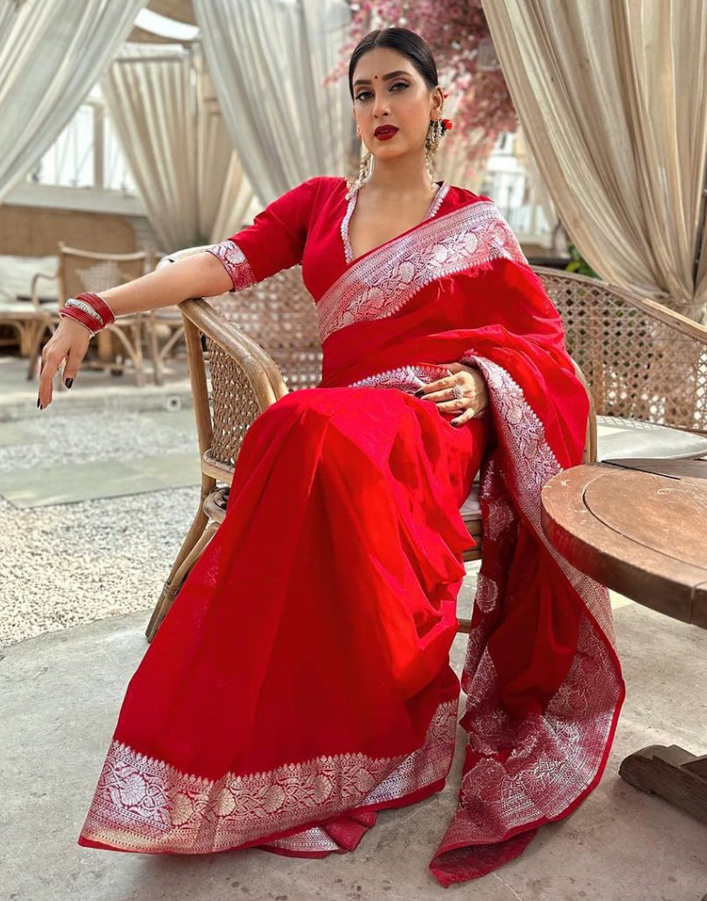 Neon Red Silk Saree With Weaving Work