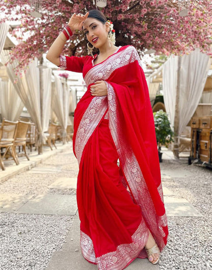 Neon Red Silk Saree With Weaving Work