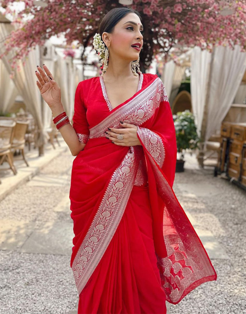 Neon Red Silk Saree With Weaving Work