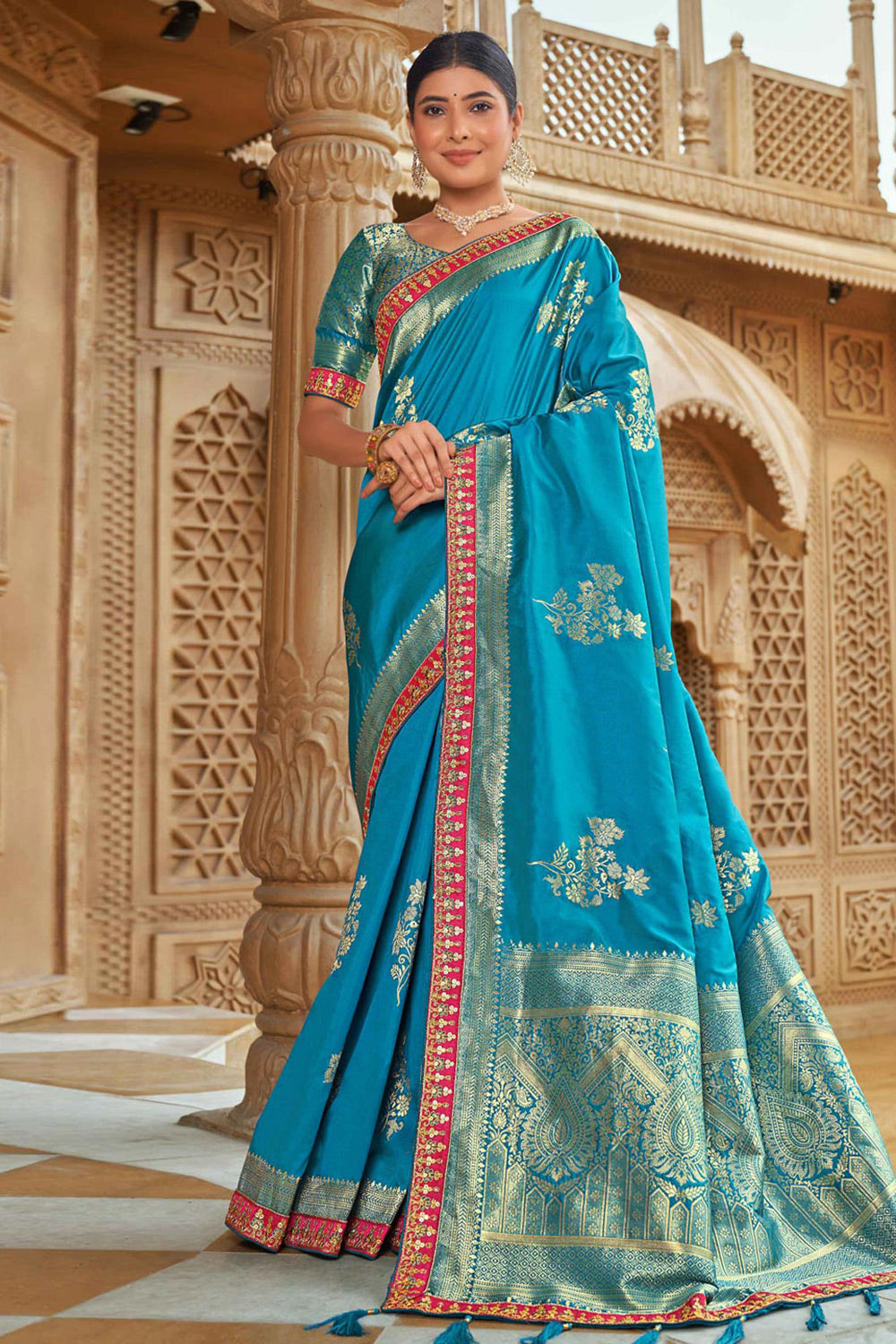 FIROZI WOVEN BANARASI SILK SAREE WITH BLOUSE - LONDON BEAUTY - 4061850