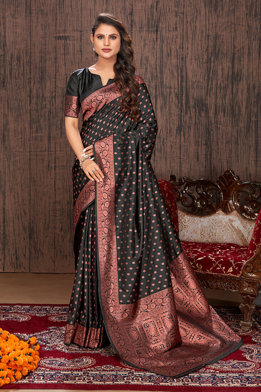 Buy Likha Black Georgette Solid Zari Party Wear Saree & Unstitched Blouse  LIKSAR44 (Free Size) online