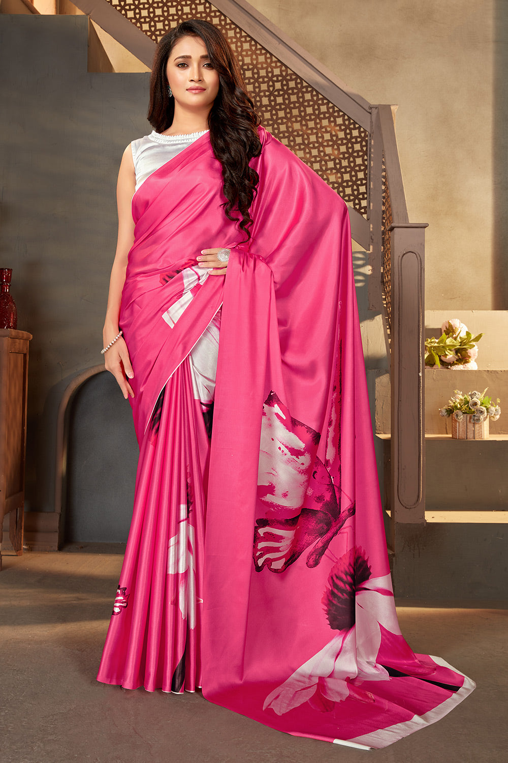 Anand Sarees Embellished, Ombre, Striped Bollywood Satin Saree (Red, Chiku)