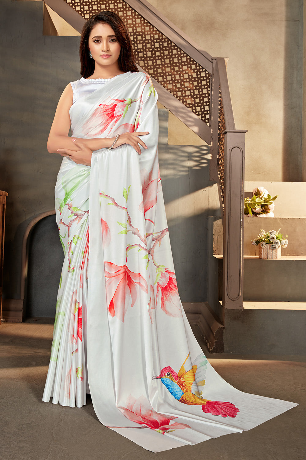 Green and White Digital Print Satin Saree – Apparel Designer