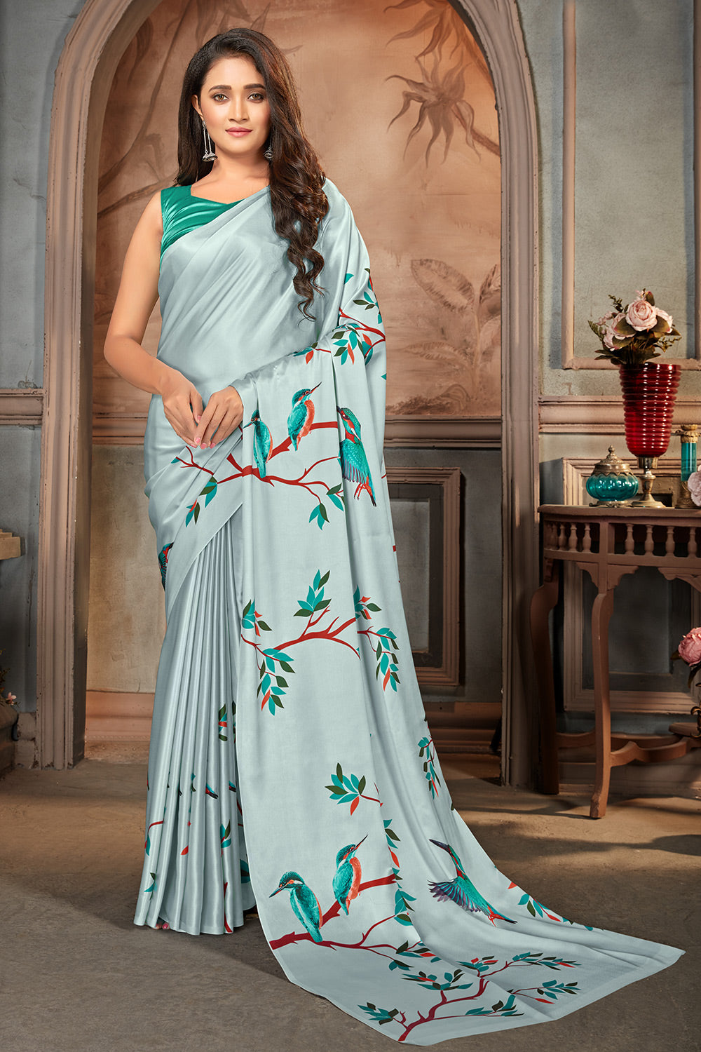 Blue Satin Saree With Blouse 217567