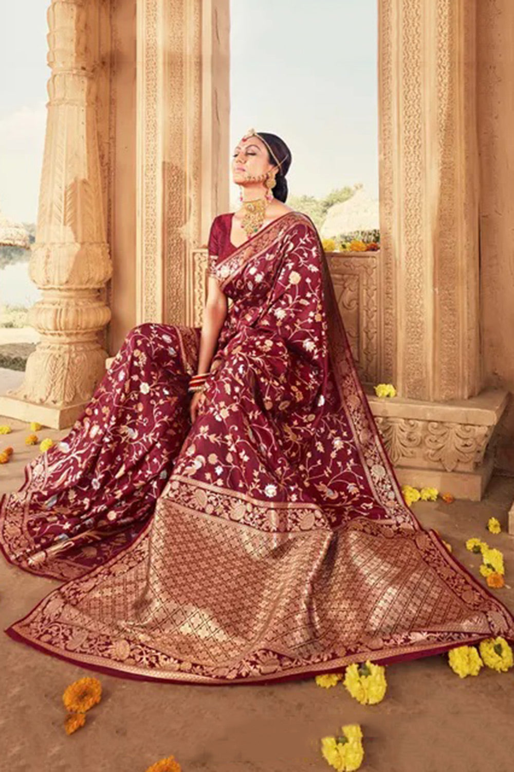 Banarasi Pure Katan Silk Saree With Zari Buti Weaving & Border-Deep Ma –  Banarasikargha