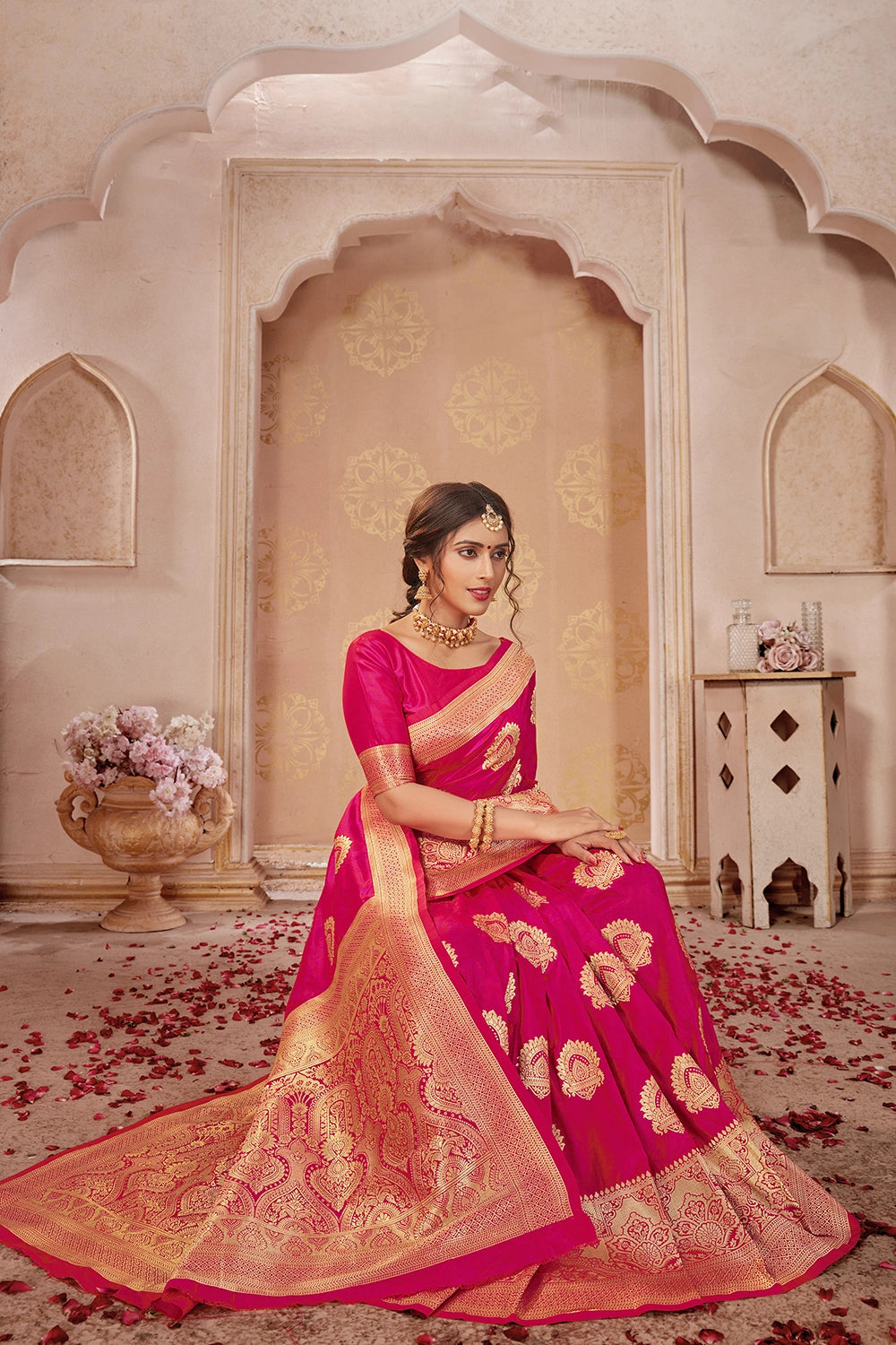 Gulmohar Pink And Deep Blue Banarasi Zari Silk Saree – Zari Banaras