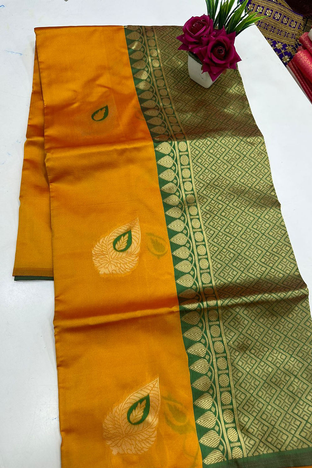 Mustard Yellow Soft Lichi Silk Saree With Weaving Work