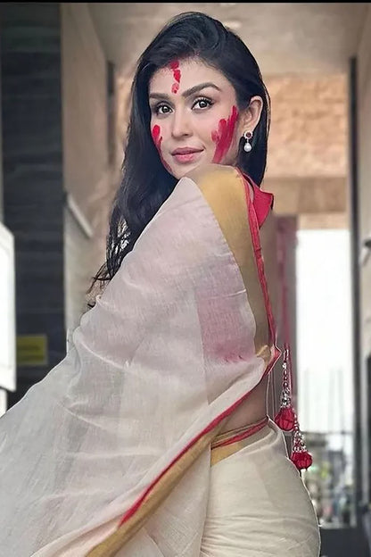 White Linen Cotton Saree With Weaving Border