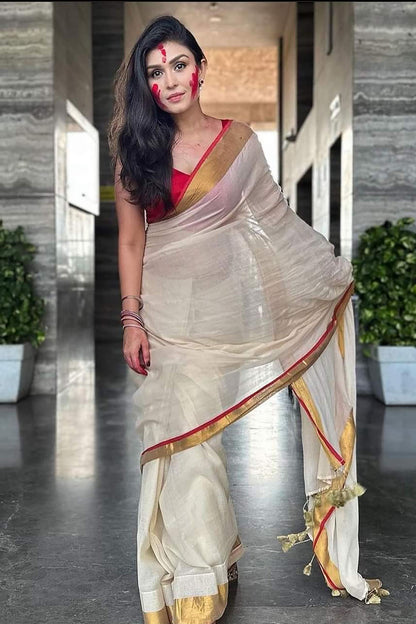 White Linen Cotton Saree With Weaving Border