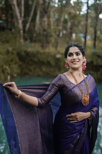 Navy Blue Soft Silk Saree With Weaving Work