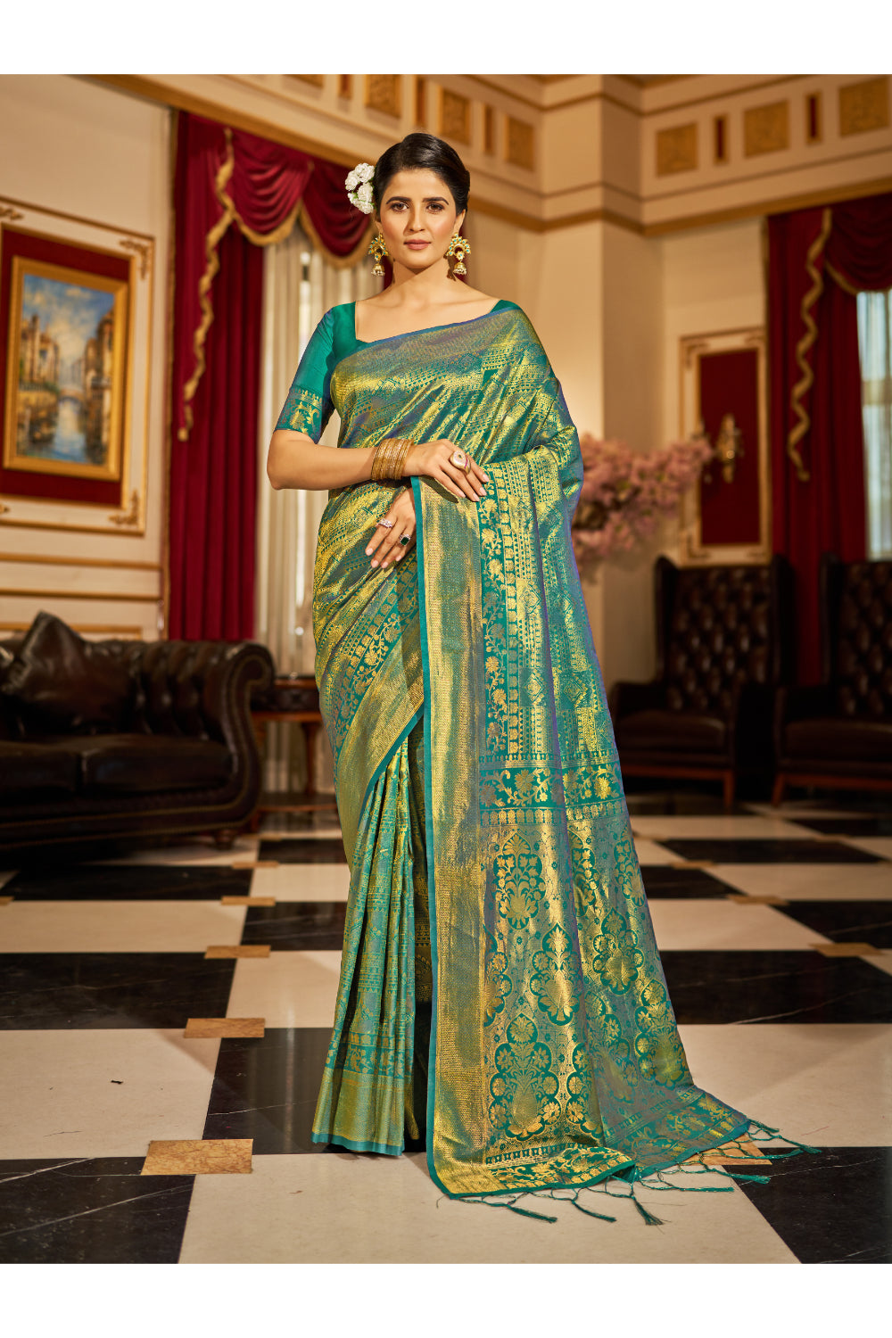 Basil Green Golden Zari Woven Kanjivaram Saree With Blouse