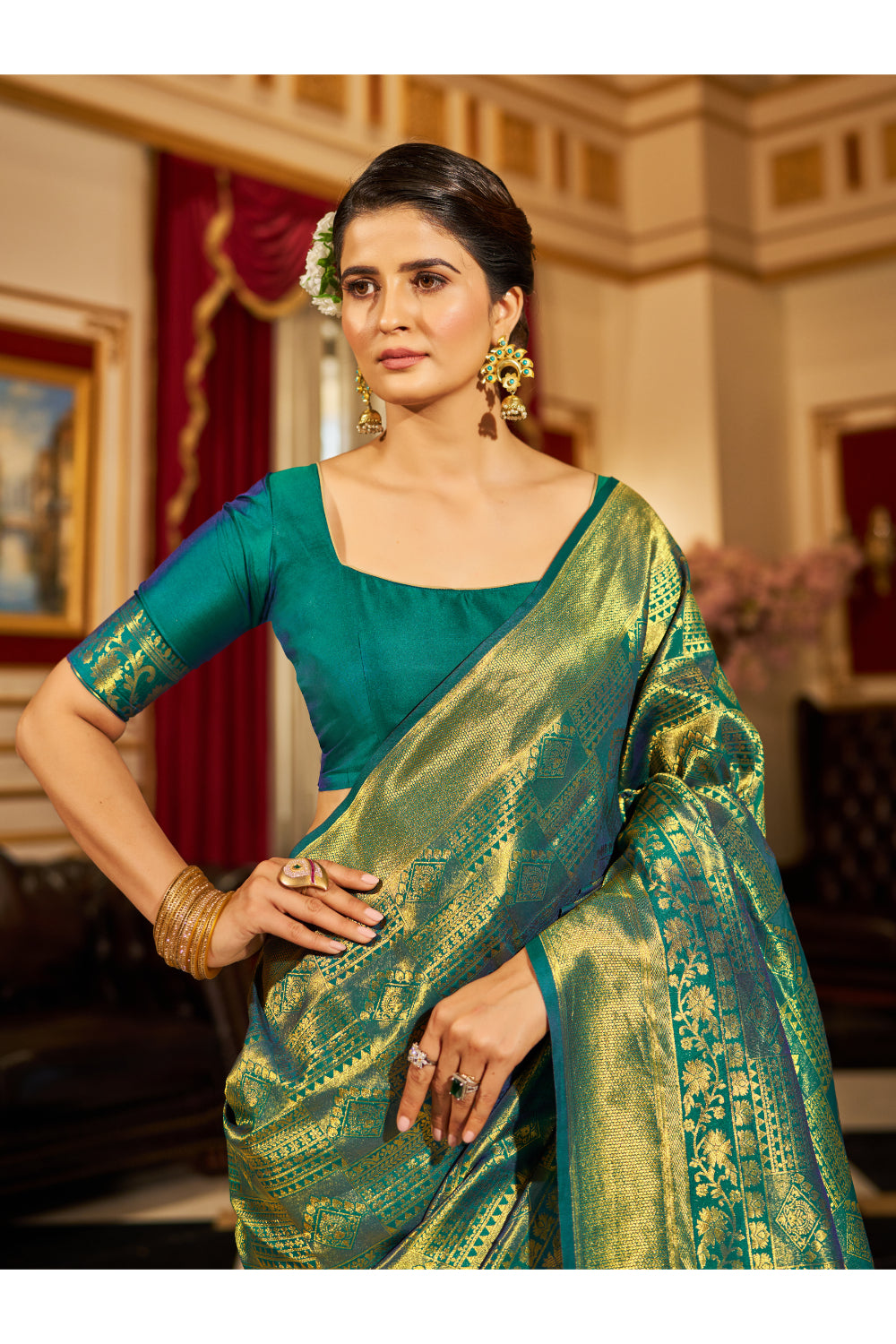 Basil Green Golden Zari Woven Kanjivaram Saree With Blouse