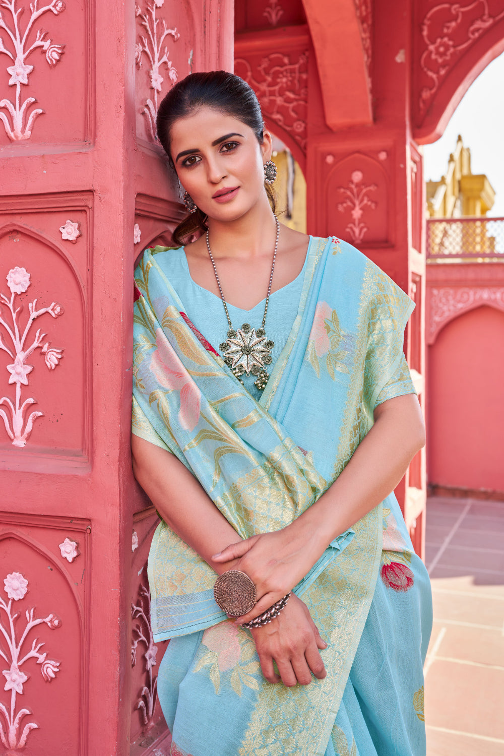 Pista Green Modal Silk Saree With Silver Zari Weaving & Matching