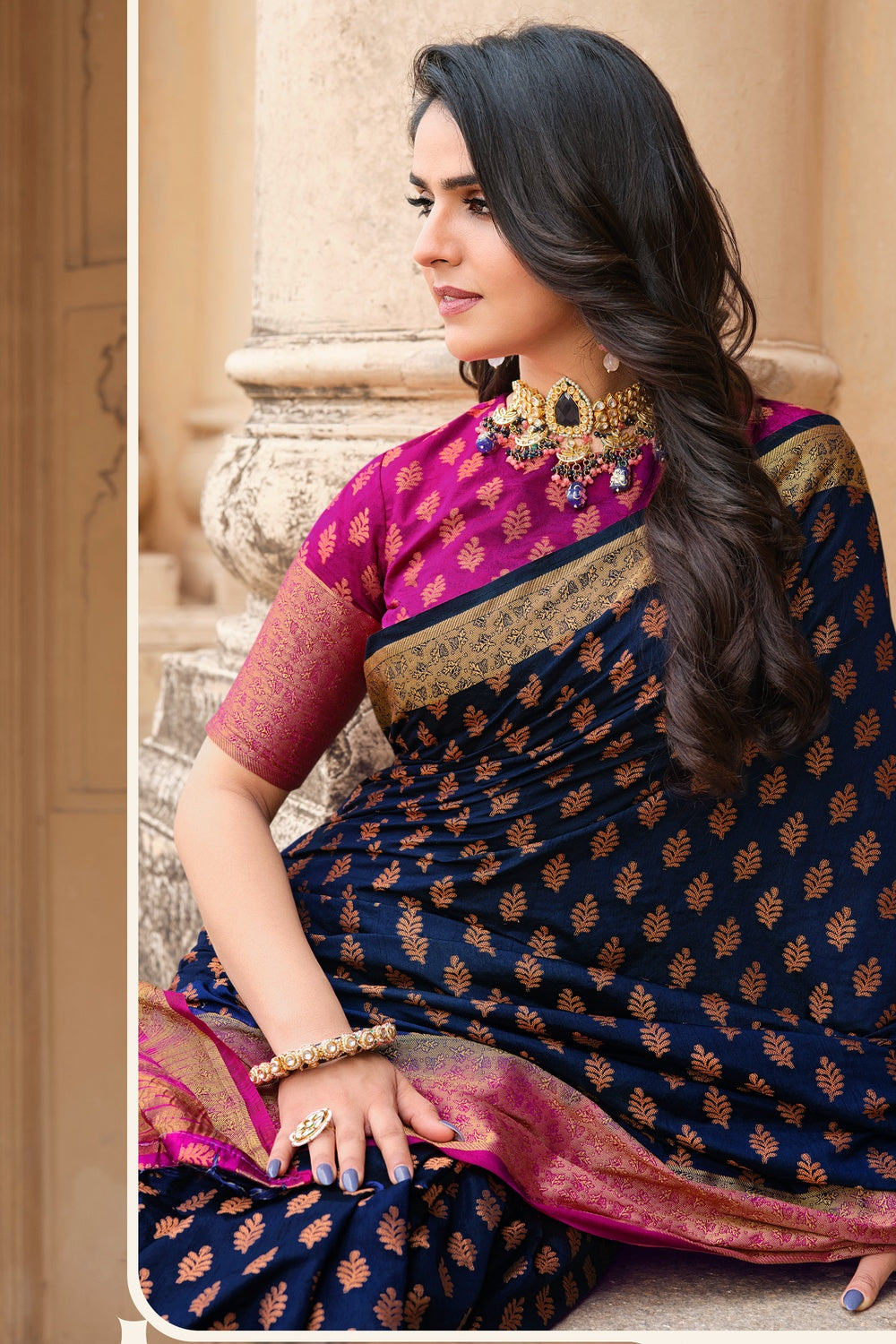 Royal Blue and Hot Pink Bandhani Silk Saree | Leemboodi