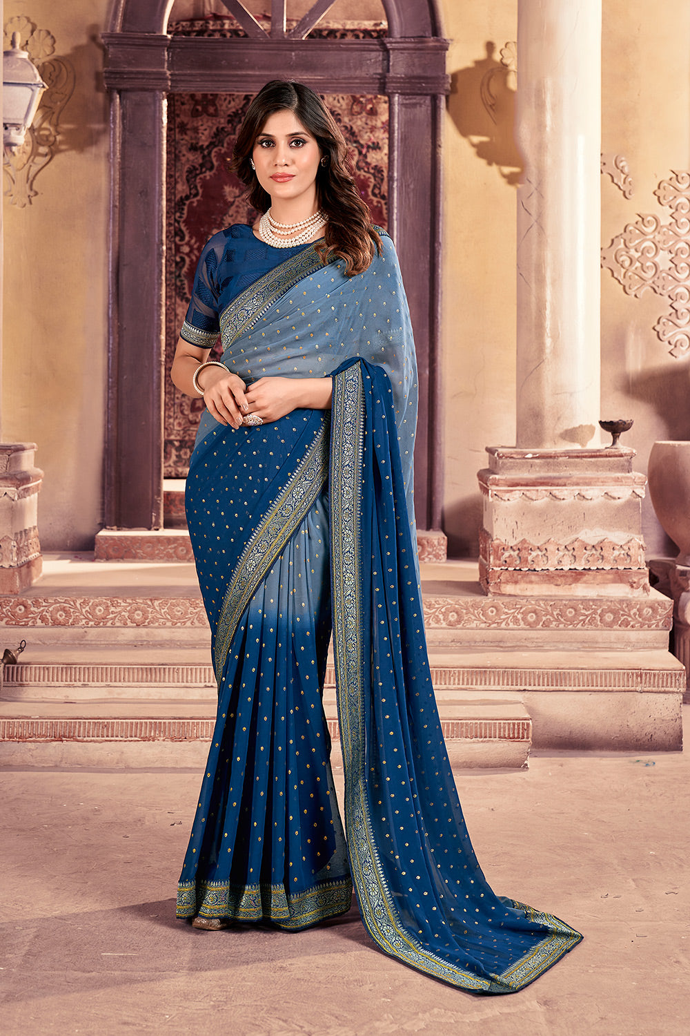 Blue Colour Foil Print Georgette Saree