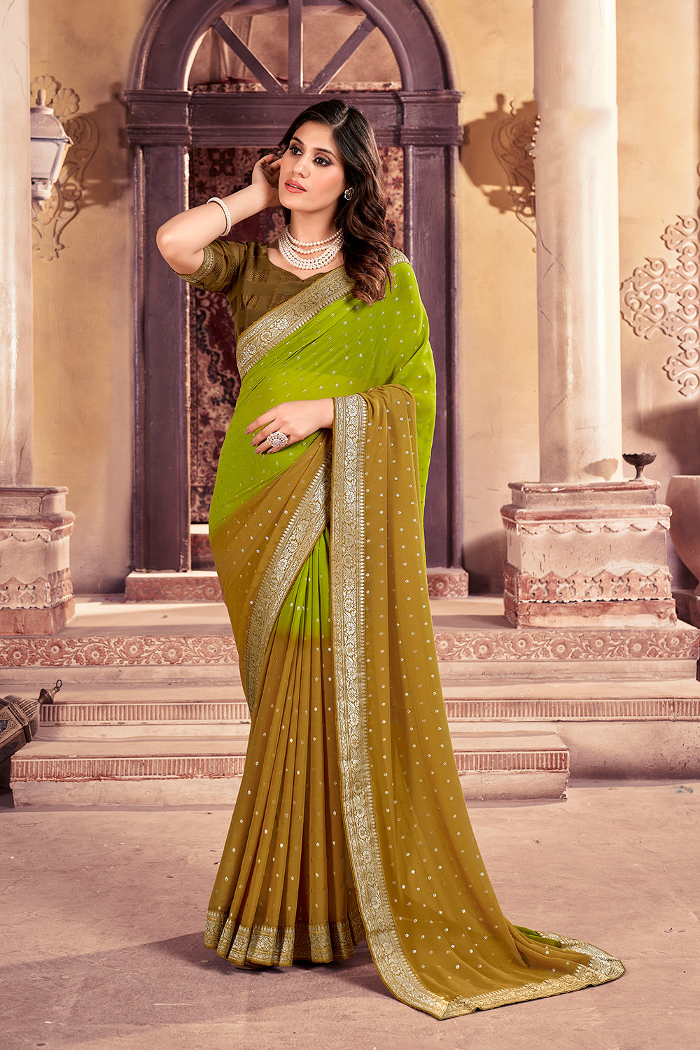 Olive Green Colour Foil Print Georgette Saree