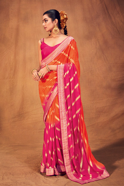 Foil Print Georgette Saree With Pink Blouse