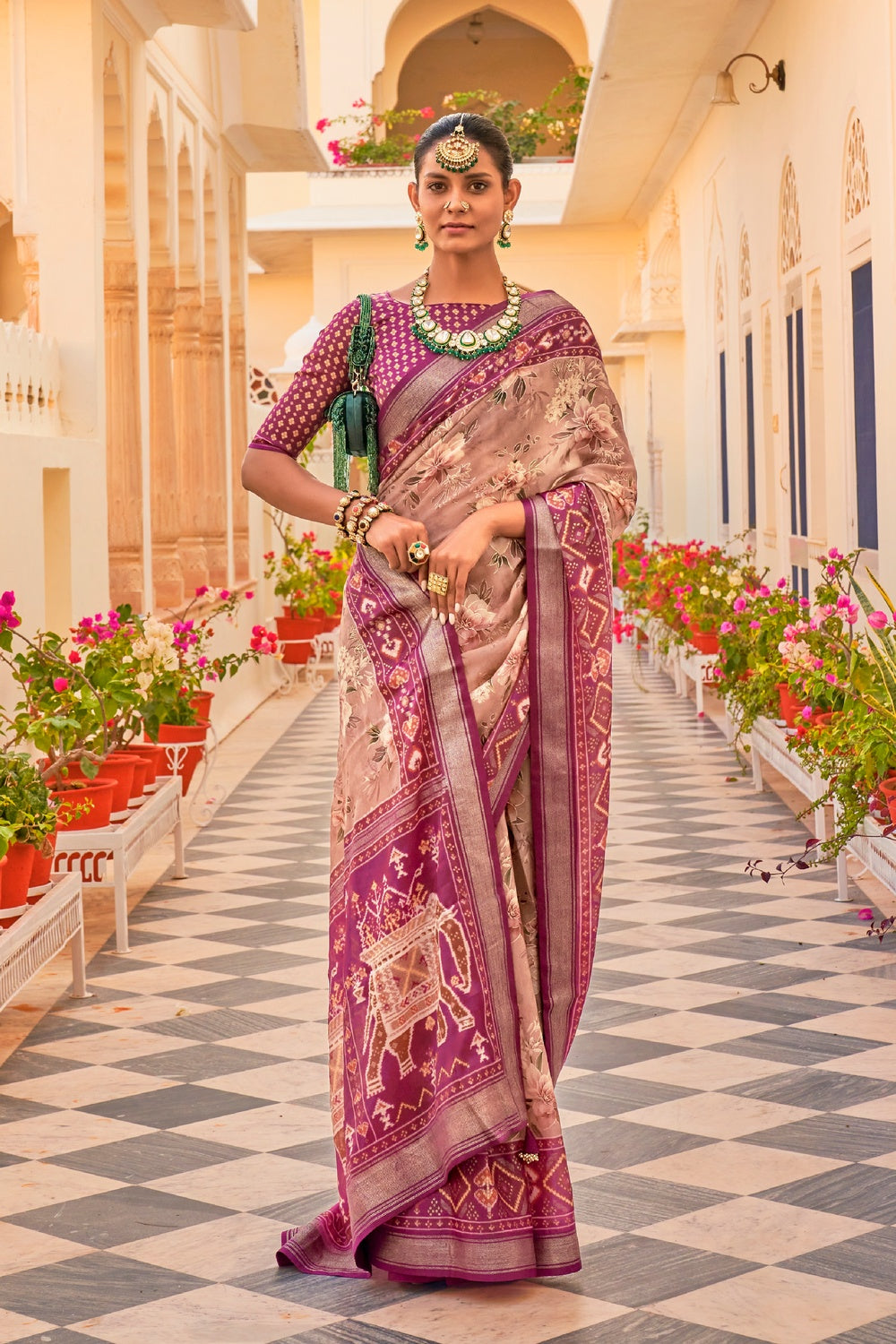 PEACH and RED LINES CHIFFON Saree with FANCY