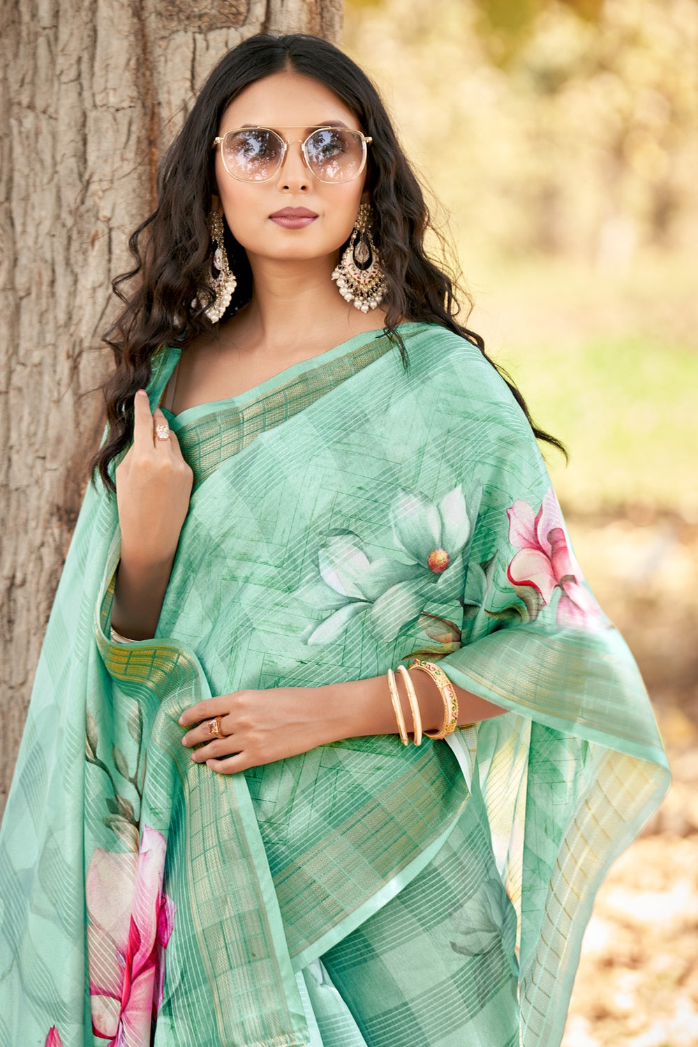 Trendy Light Blue Colored Printed Pure Linen Saree For Women