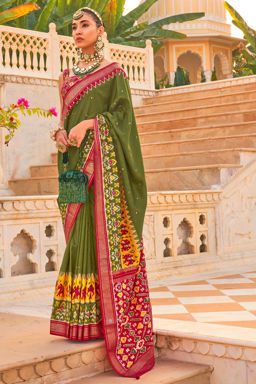 Mehndi Green Printed Patola Saree – Bahuji - Online Fashion & Lifestyle  Store