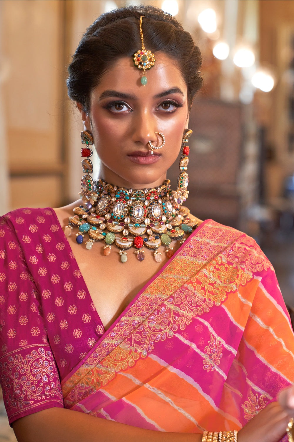 Pink with Orange Saree in Patola Silk for women - Clothsvill