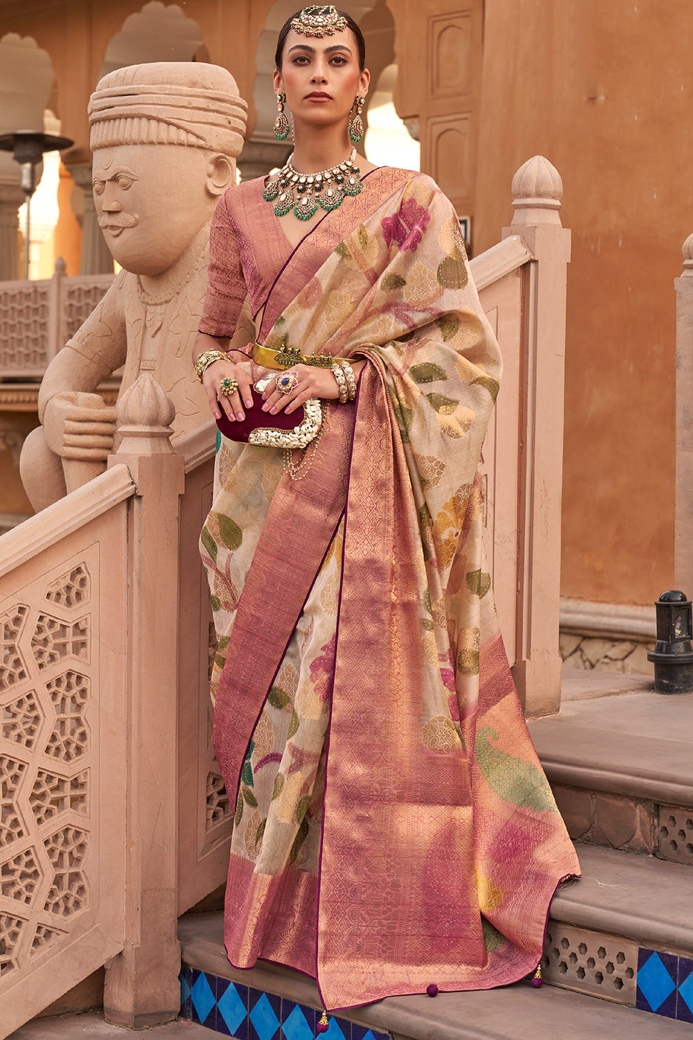 Beige Organza Saree With Sequin Embroidery | Singhania's