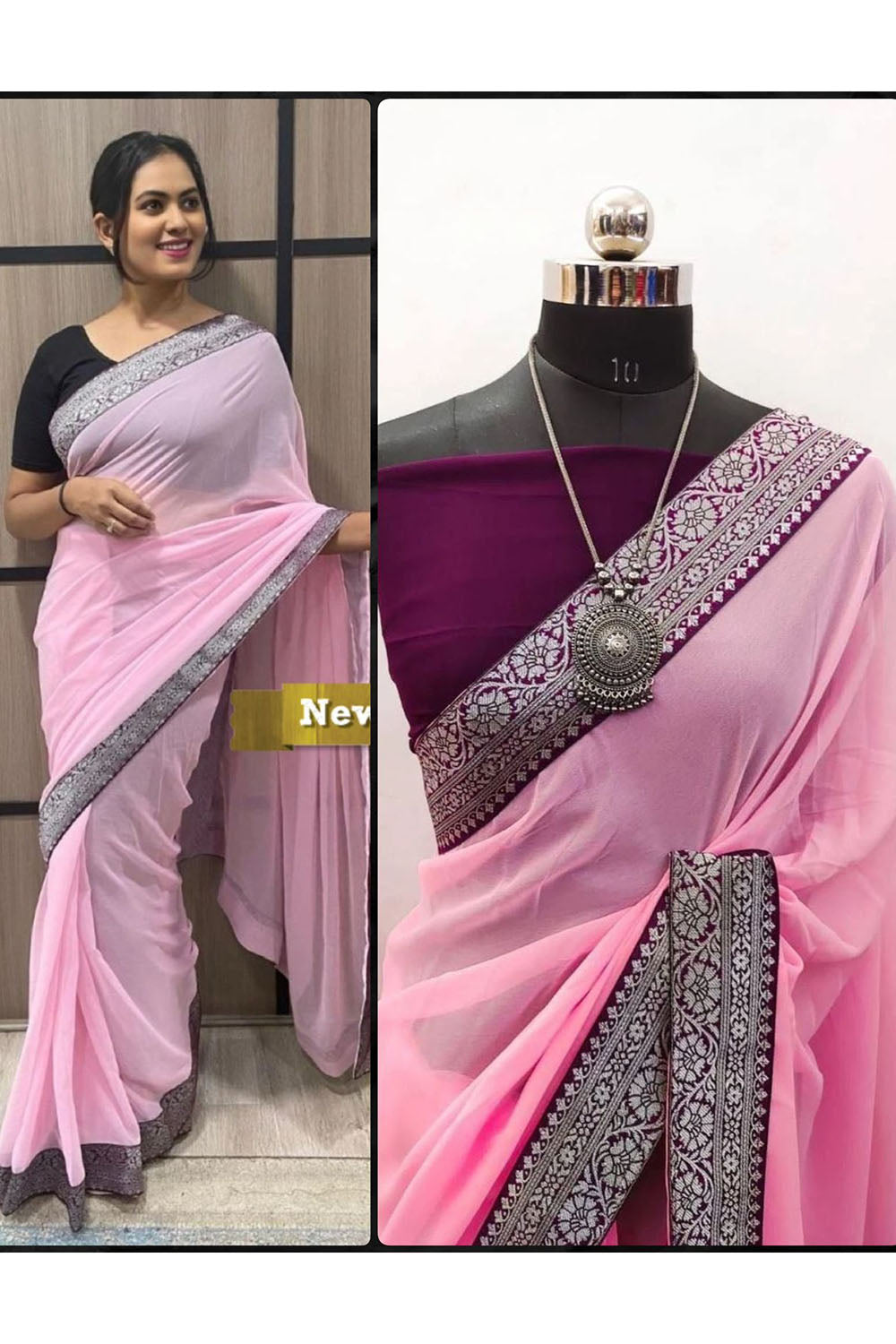 Baby Pink Georgette Saree With Lace Border