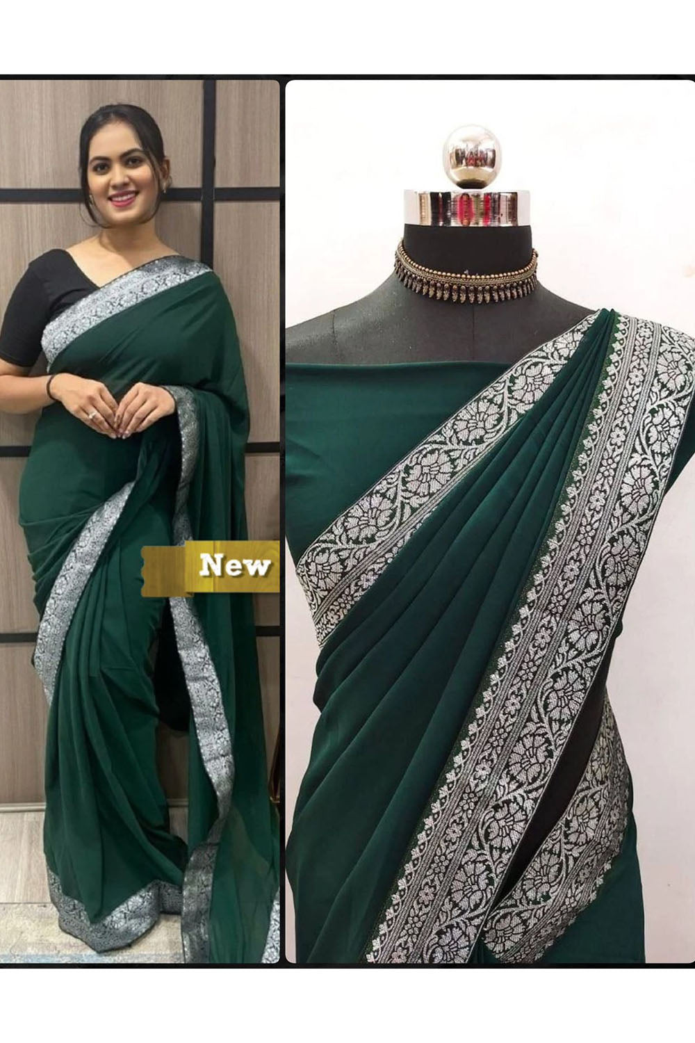 Forest Green Georgette Saree With Lace Border