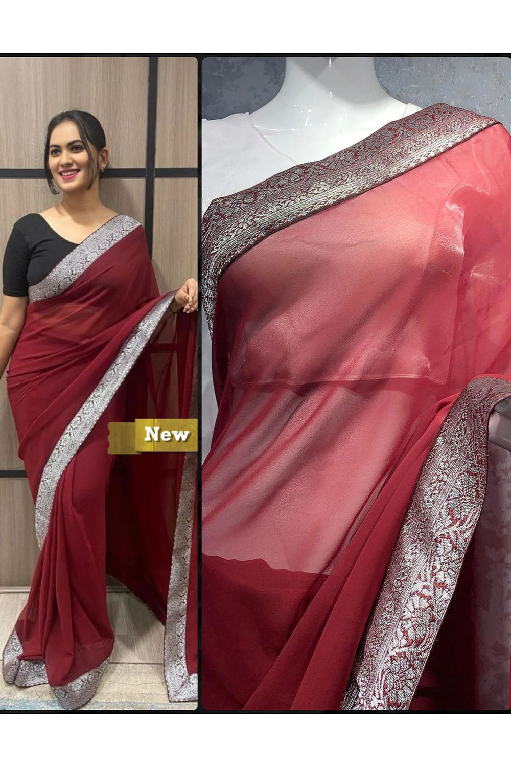 Maroon Georgette Saree With Lace Border