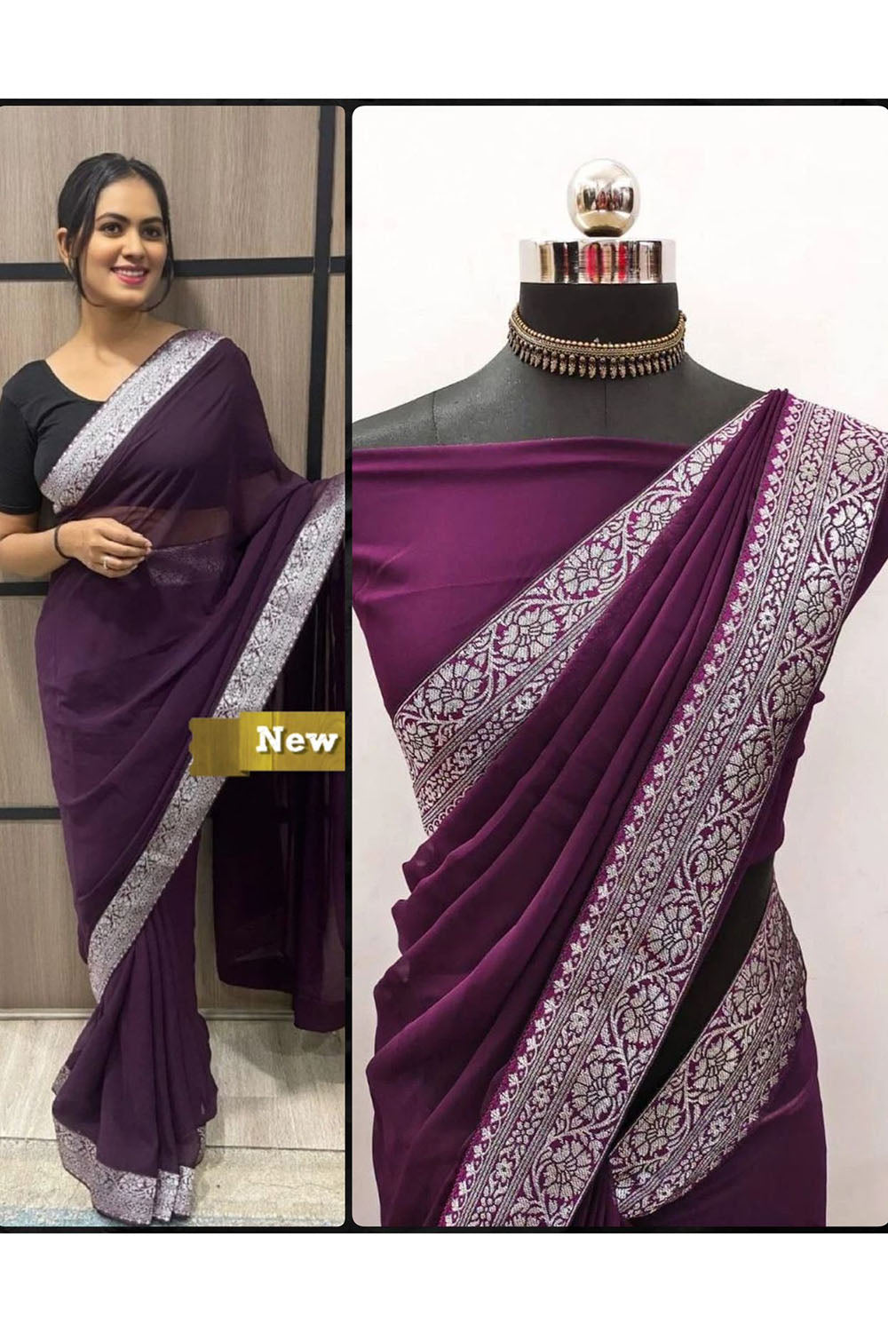 Plum Wine Georgette Saree With Lace Border