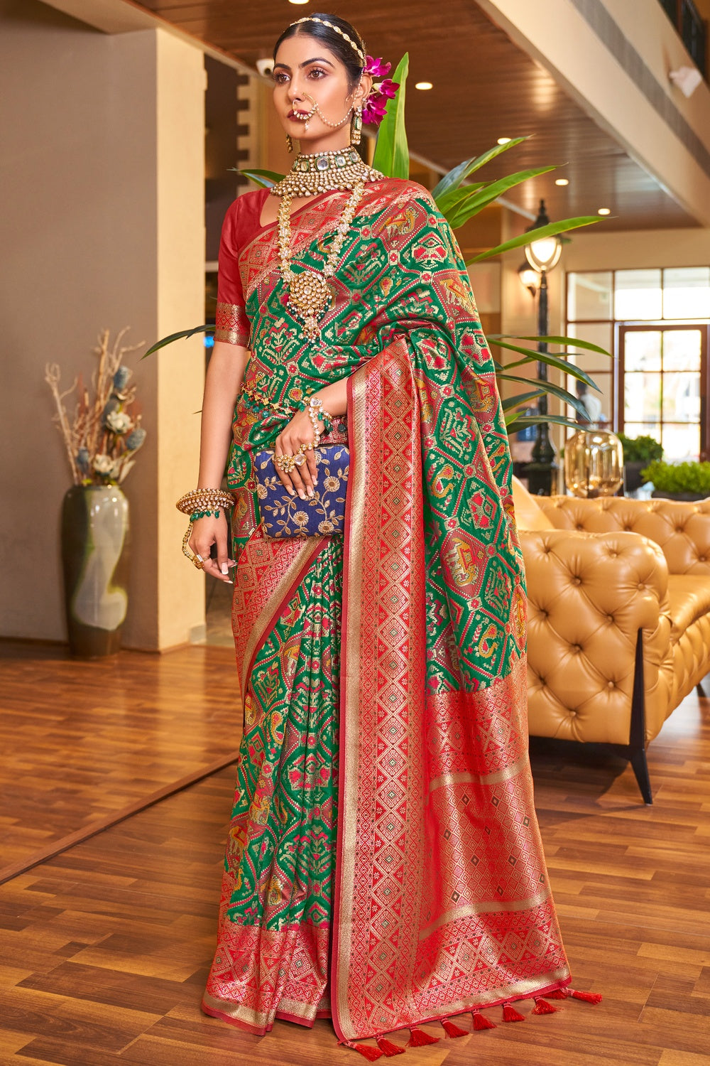 Red,Green Colour Patola Silk Designer Saree.