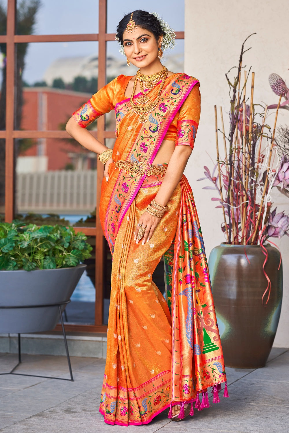 Yellow/Orange Venkatagiri Pattu Saree with work blouse – Anamika Fashions