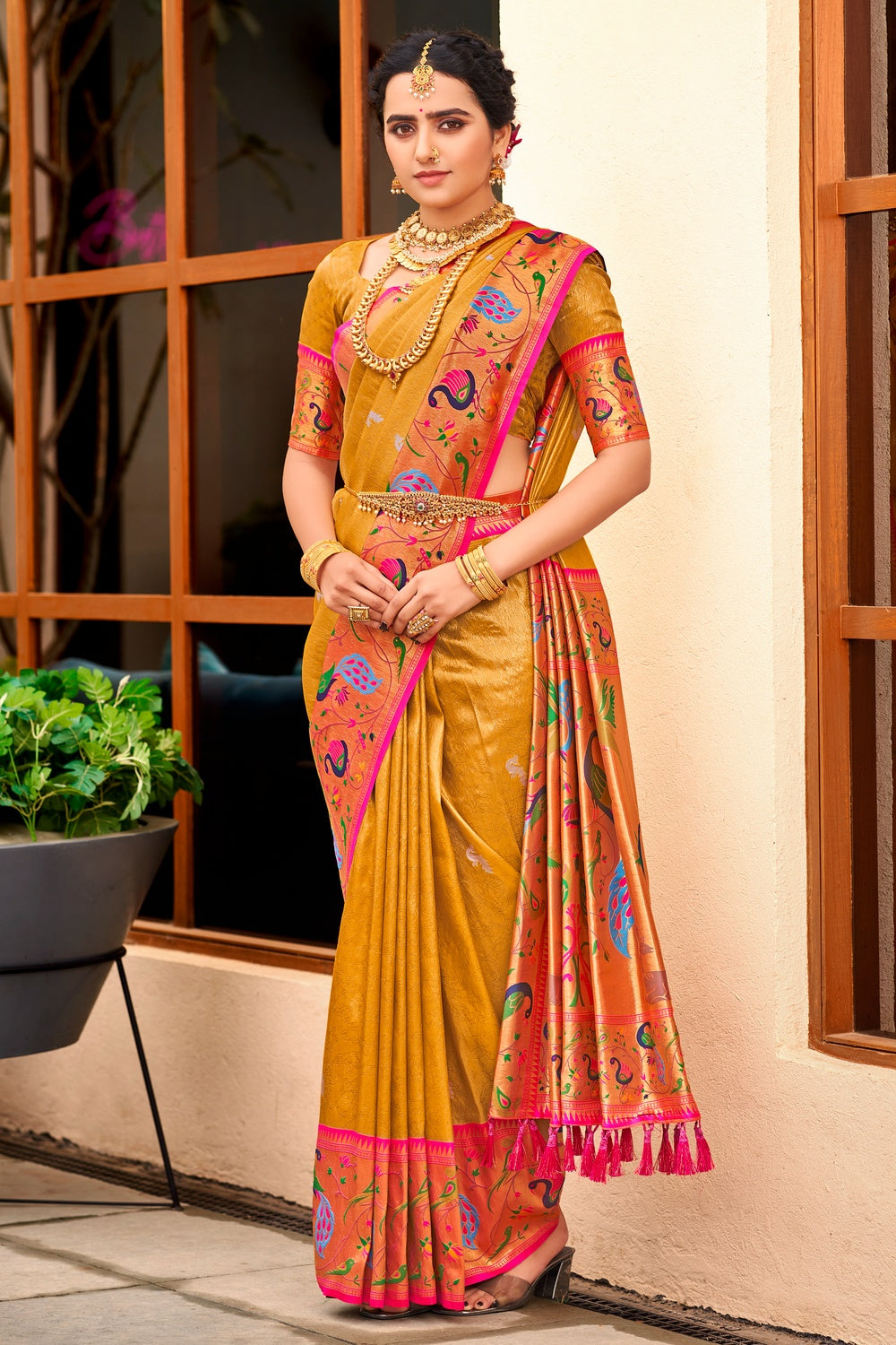 Buy the elegant Mango Yellow Woven Paithani Saree - Karagiri