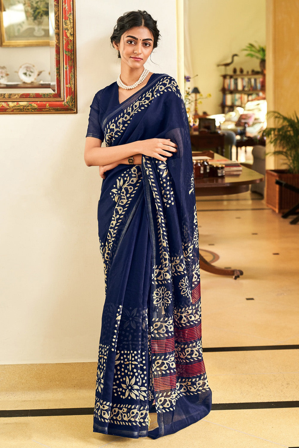 Shop Aqua Blue Color Wax Batik Floral Print Cotton Linen Saree Work Wear  Online at Best Price | Cbazaar