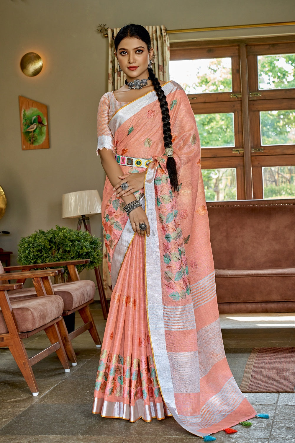 Blush Pink Linen Saree With Zari Weaving – Bahuji - Premium Silk