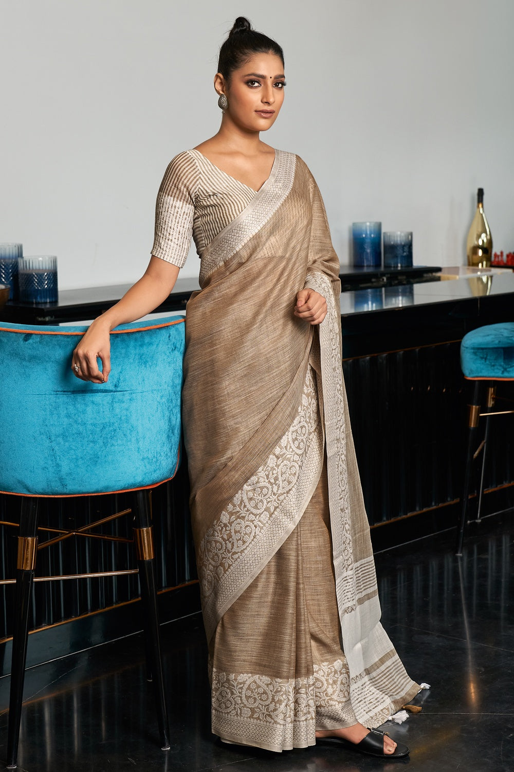 Cotton Printed Saree In Light Brown Colour - SR5252280