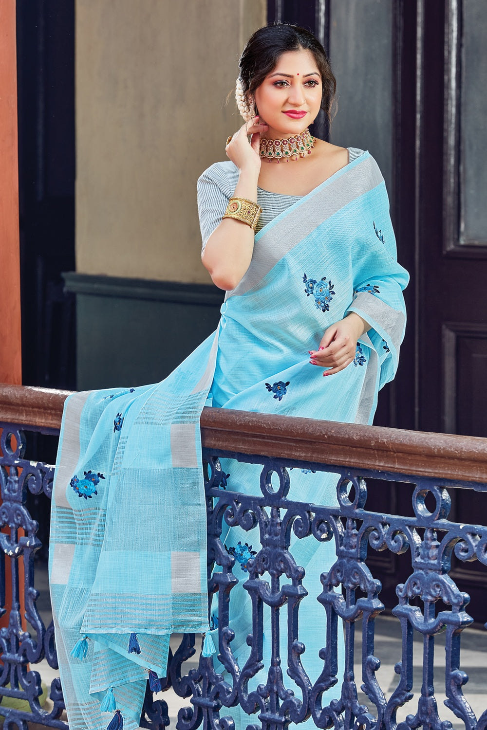 Nirvana Fashions Party wear Ladies Sky Blue Linen Saree, 6.3 m (with blouse  piece) at Rs 1350 in Mumbai