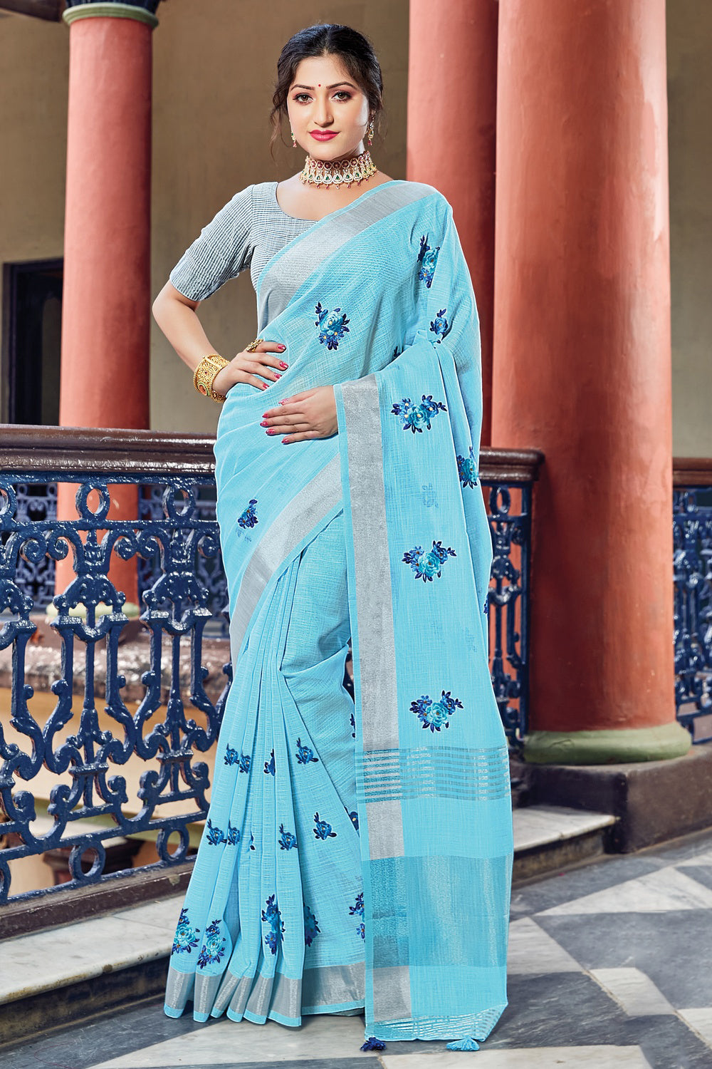 Ocean Blue Cotton Linen Saree