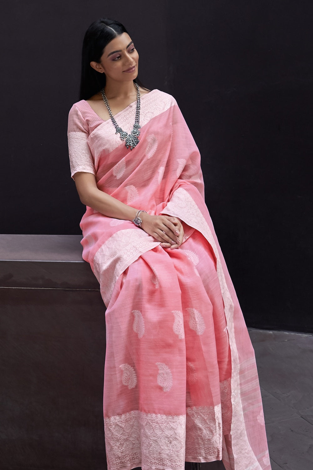 Pink Color Linen Cotton Embroidered Handloom Saree with Silver Zari Border  – BharatSthali