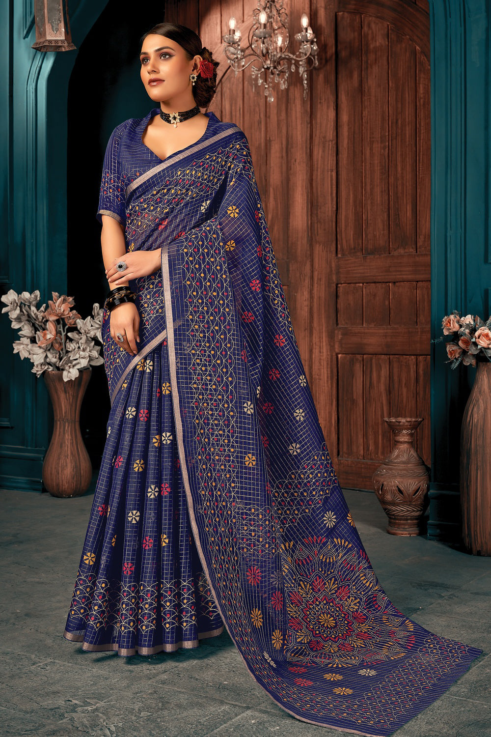 Navy Blue Soft Cotton Linen Saree with Gold Zari Border and Rich Pallu