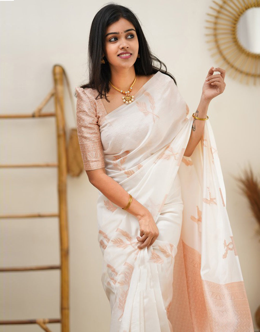 White Soft Silk With Jaquard Border &amp; Weaving Saree